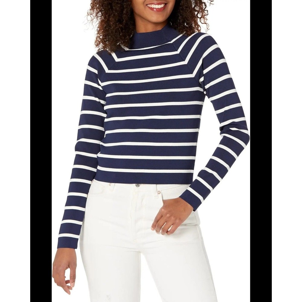 NWT Ralph Lauren classic Blue White Cropped Mock Turtleneck Sz LARGE MSRP  $145